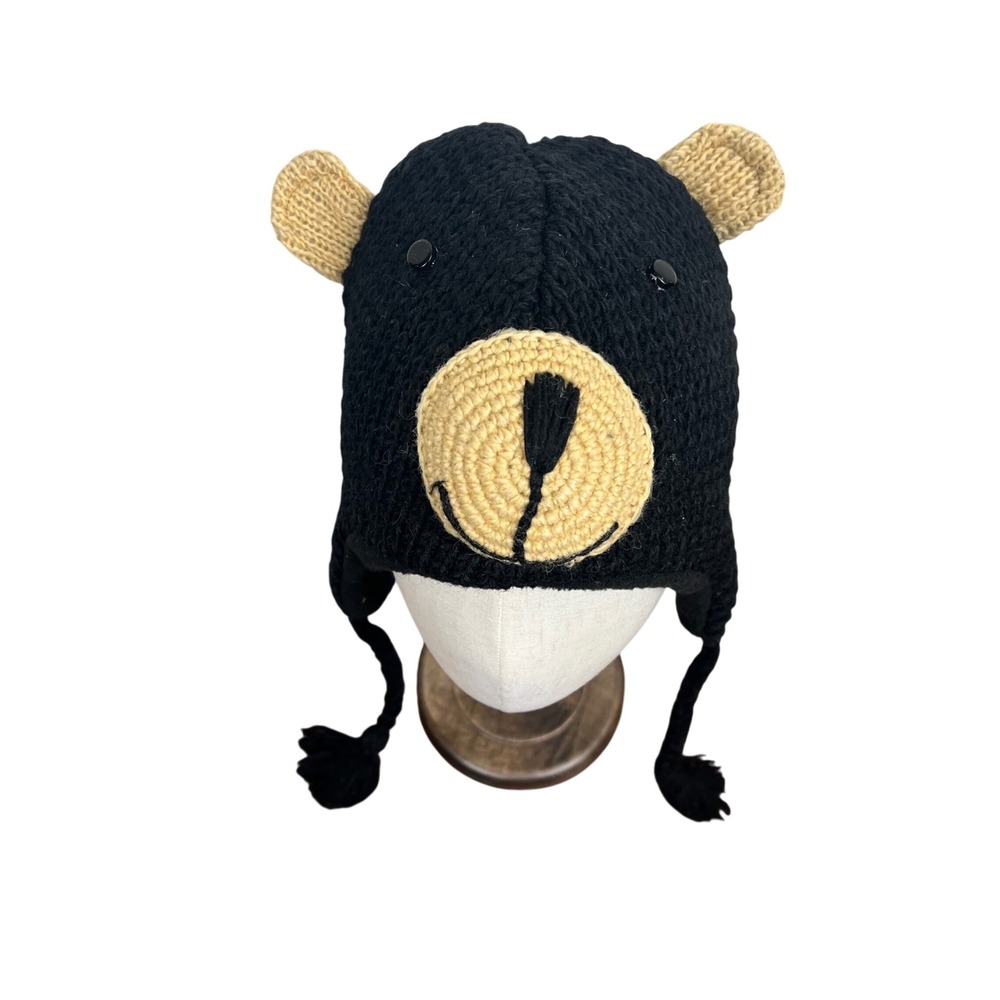 Earth Ragz Black 100% Wool Bear Earflap Hat Fleece Lined Animal Beanie Nepal